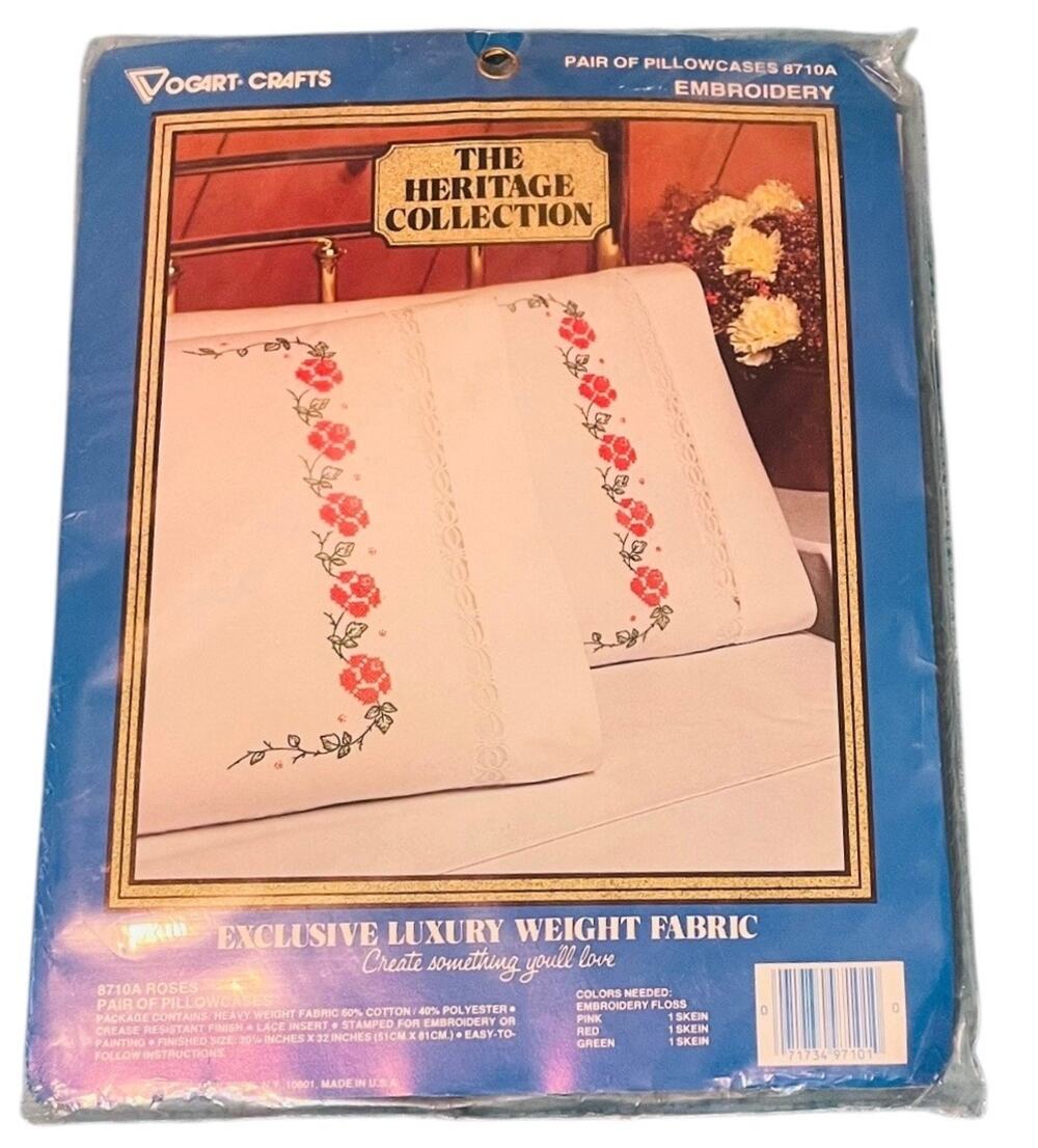 Vogart Crafts Heritage Collection Pillowcase Pair Roses Embroidery Stamped NEW
